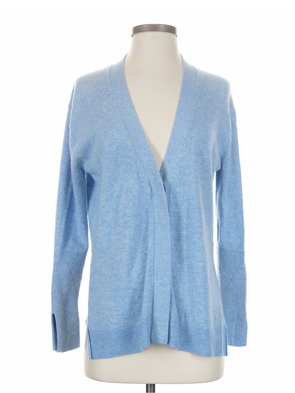 XS sky blue cashmere cardigan hidden buttons side slit business casual preppy